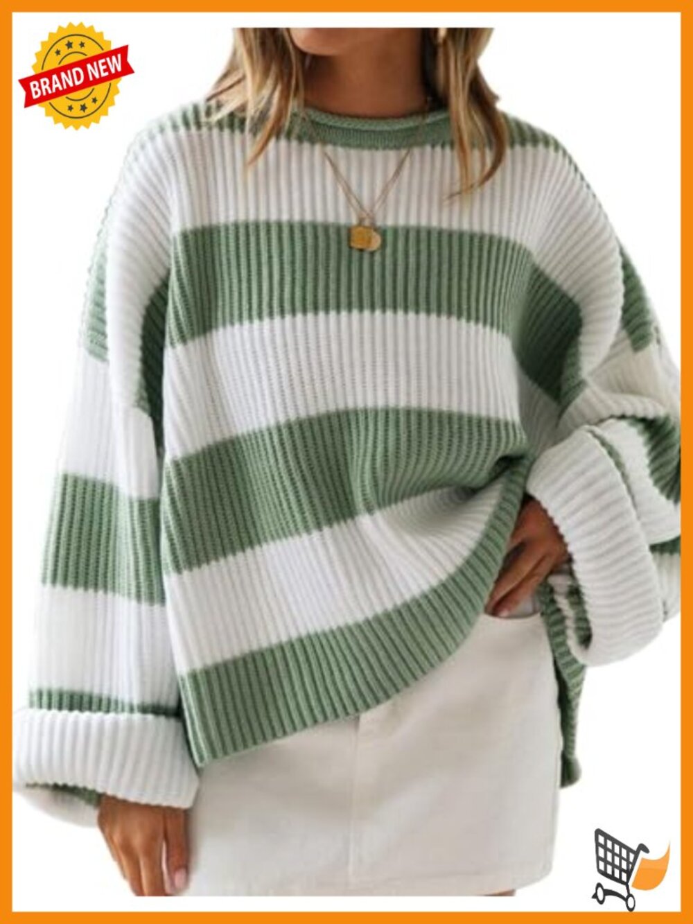 Oversized Striped Knit Sweater Pullover Flared Long Sleeve Crew Neck